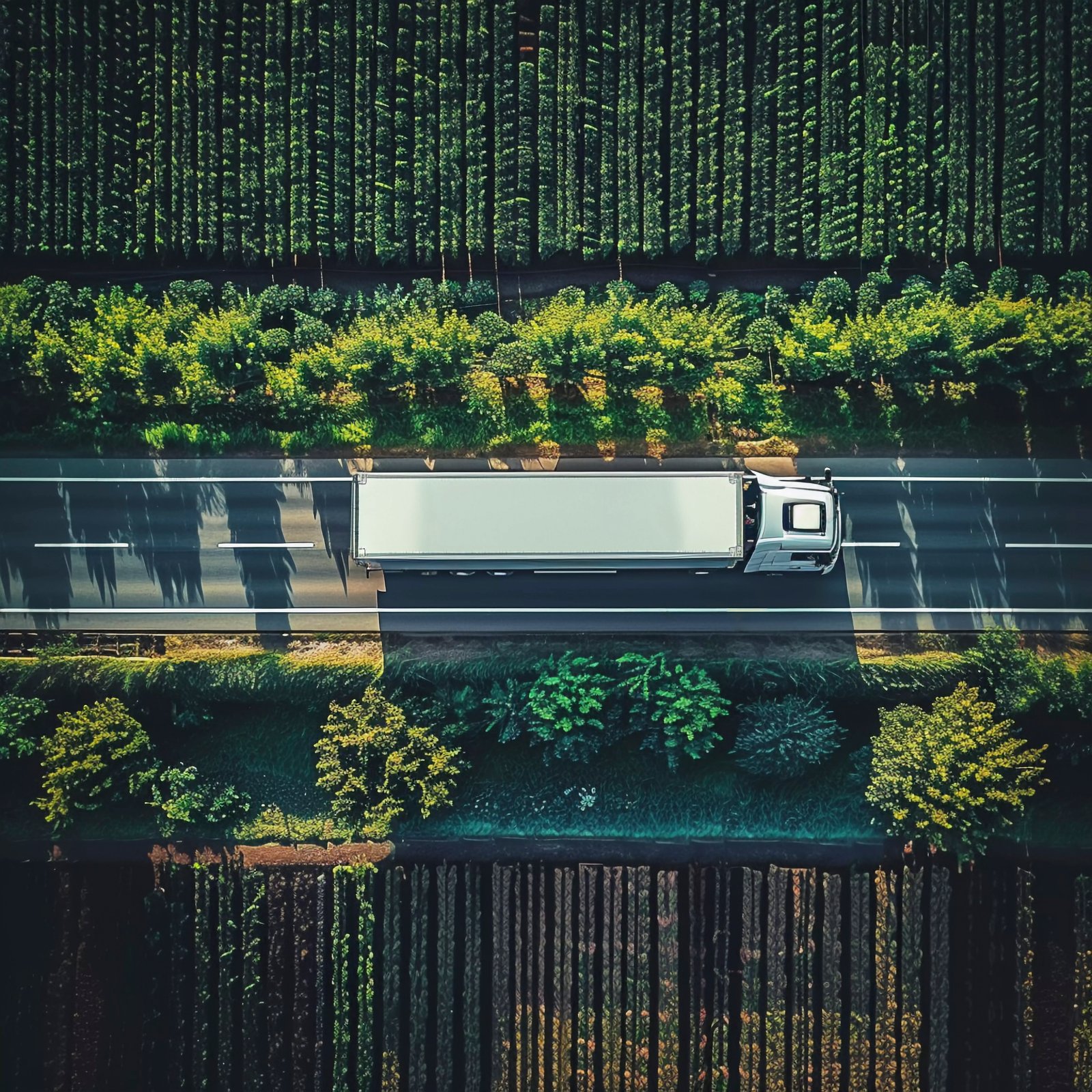European road freight fleet on a multi-lane highway in daylight